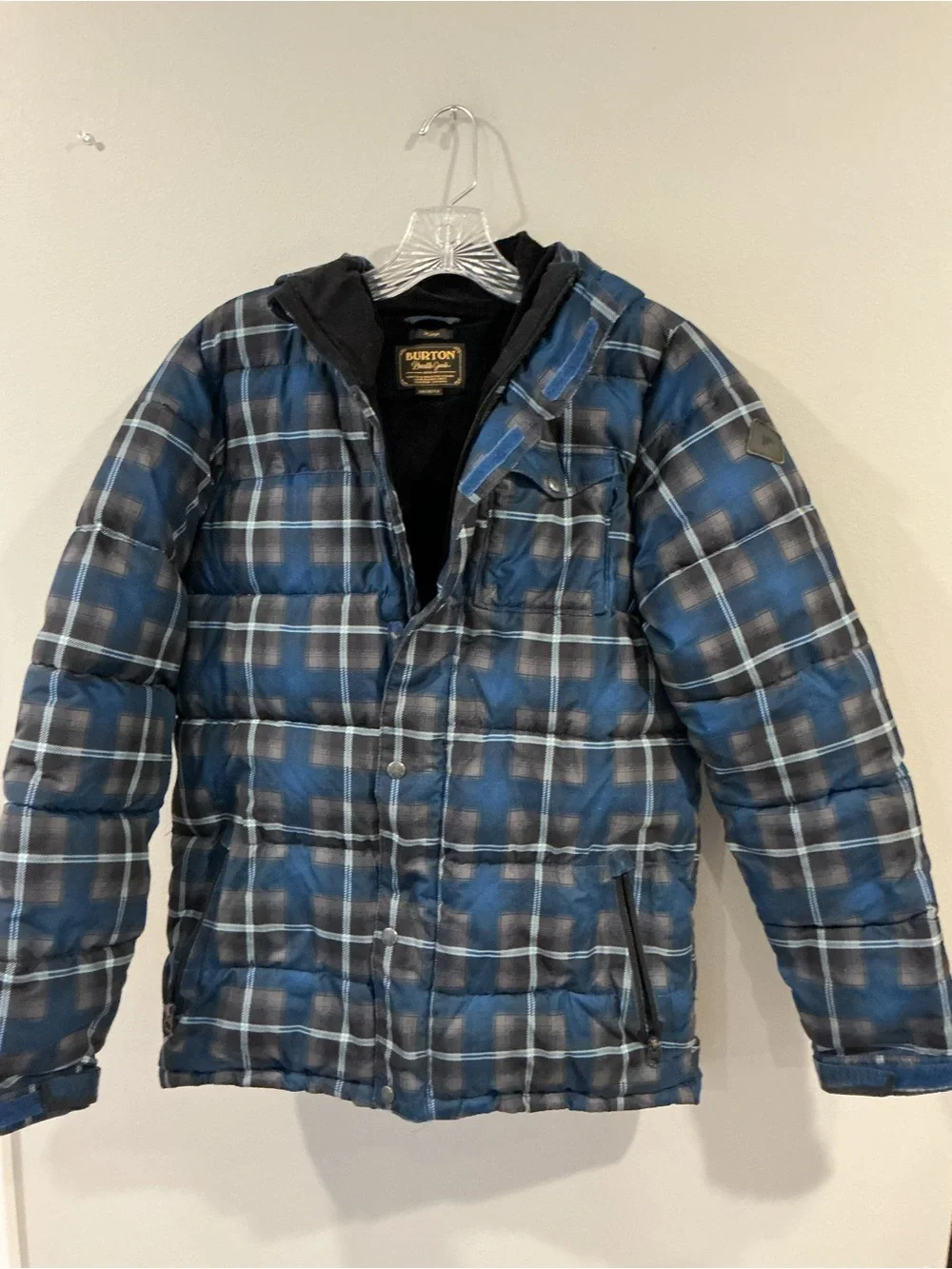 Burton Youth L Winter Snowboard Ski Jacket Hooded Quilted Puffer Blue Gray